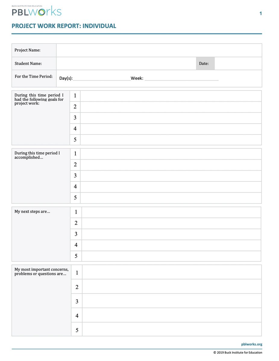 PBLWorks's tweet photo. Project Work Report: Individual | This form may be used during a project or unit to have students report on what they individually accomplished on a particular day or week. https://t.co/XRNDjh3zb7
#projectmanagement #onlinelearning #PBL https://t.co/oIQWwSbSCg