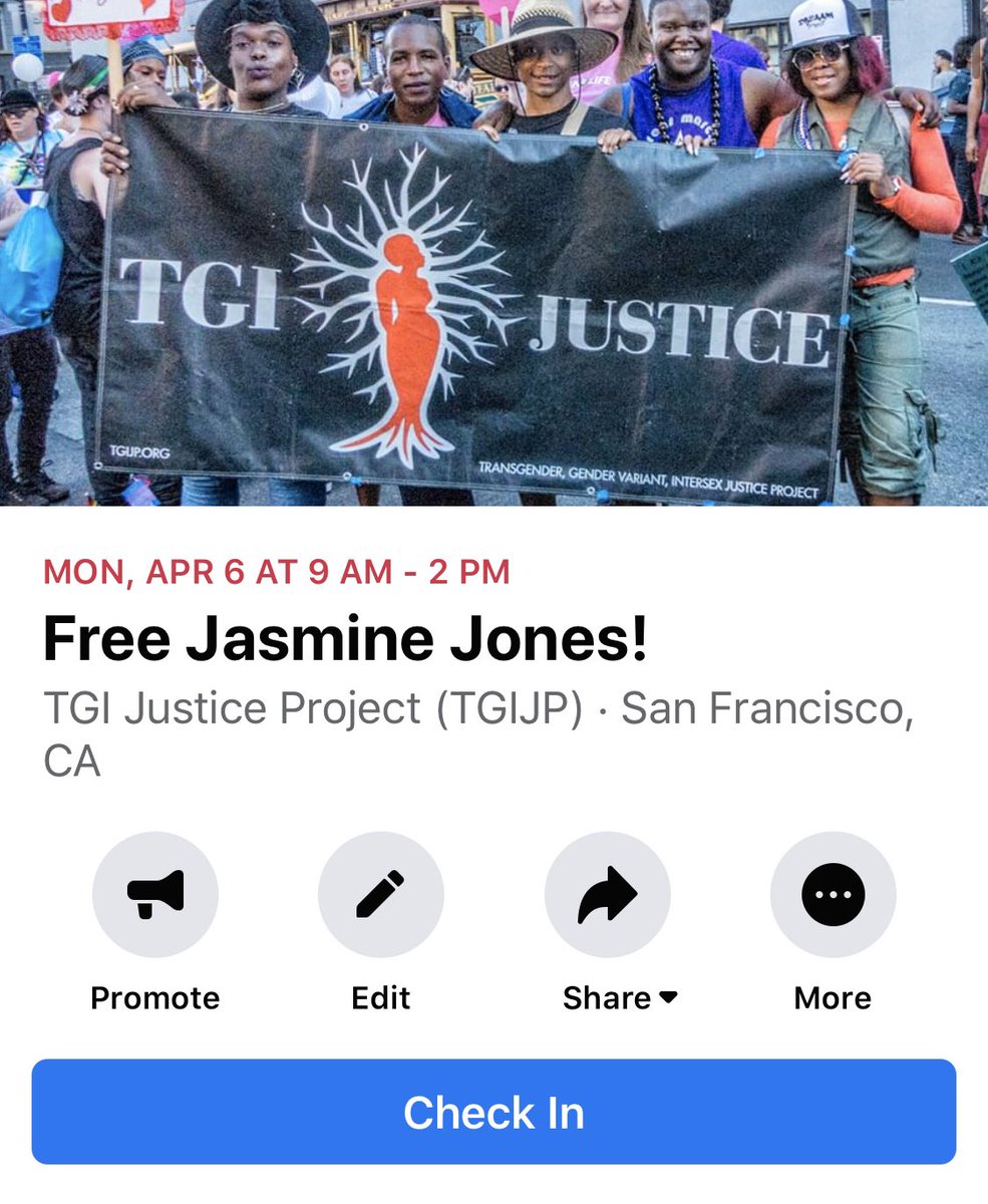 FREE JASMINE JONES!Jasmine is a 48-year-old Black trans woman being held in Sacramento County Jail. She was set to be released from prison, after serving 15 years in state prison, to the TGIJP re-entry program on 3/27/2020.