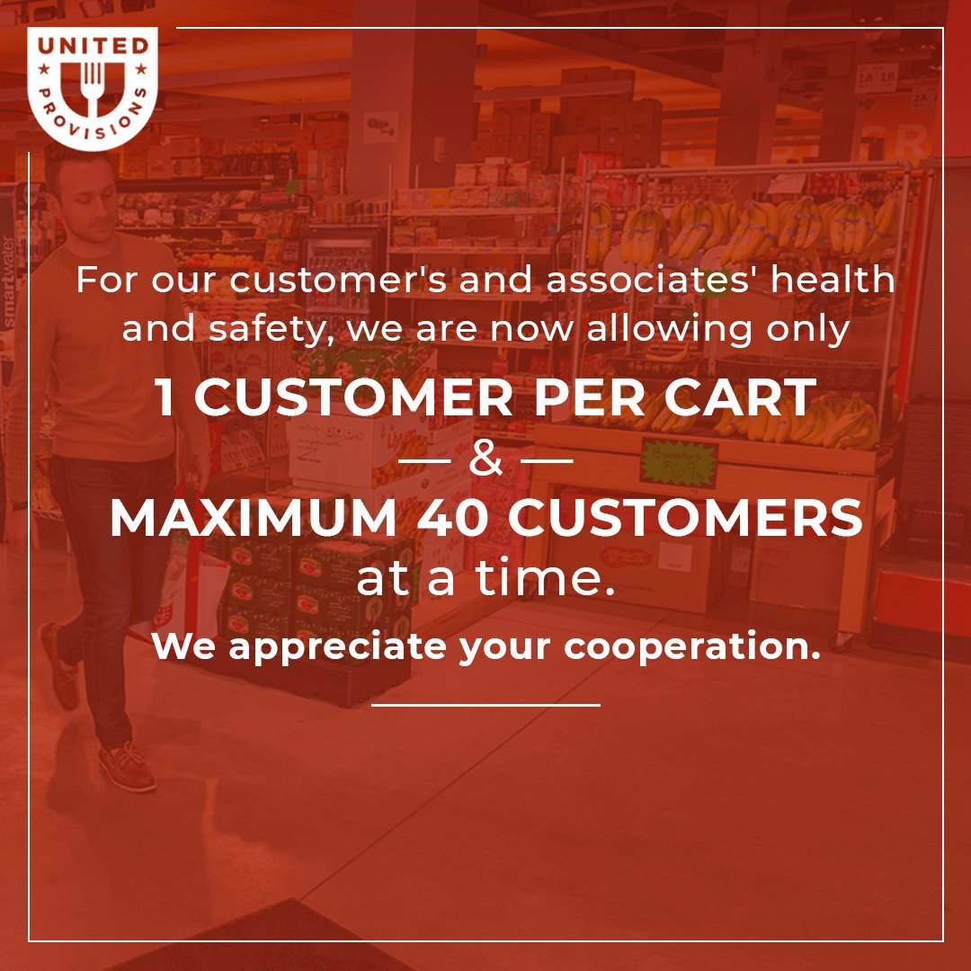 For our customer's and associates' health and safety, we are now allowing only one customer per cart and a maximum of 40 customers at a time. We appreciate your cooperation.