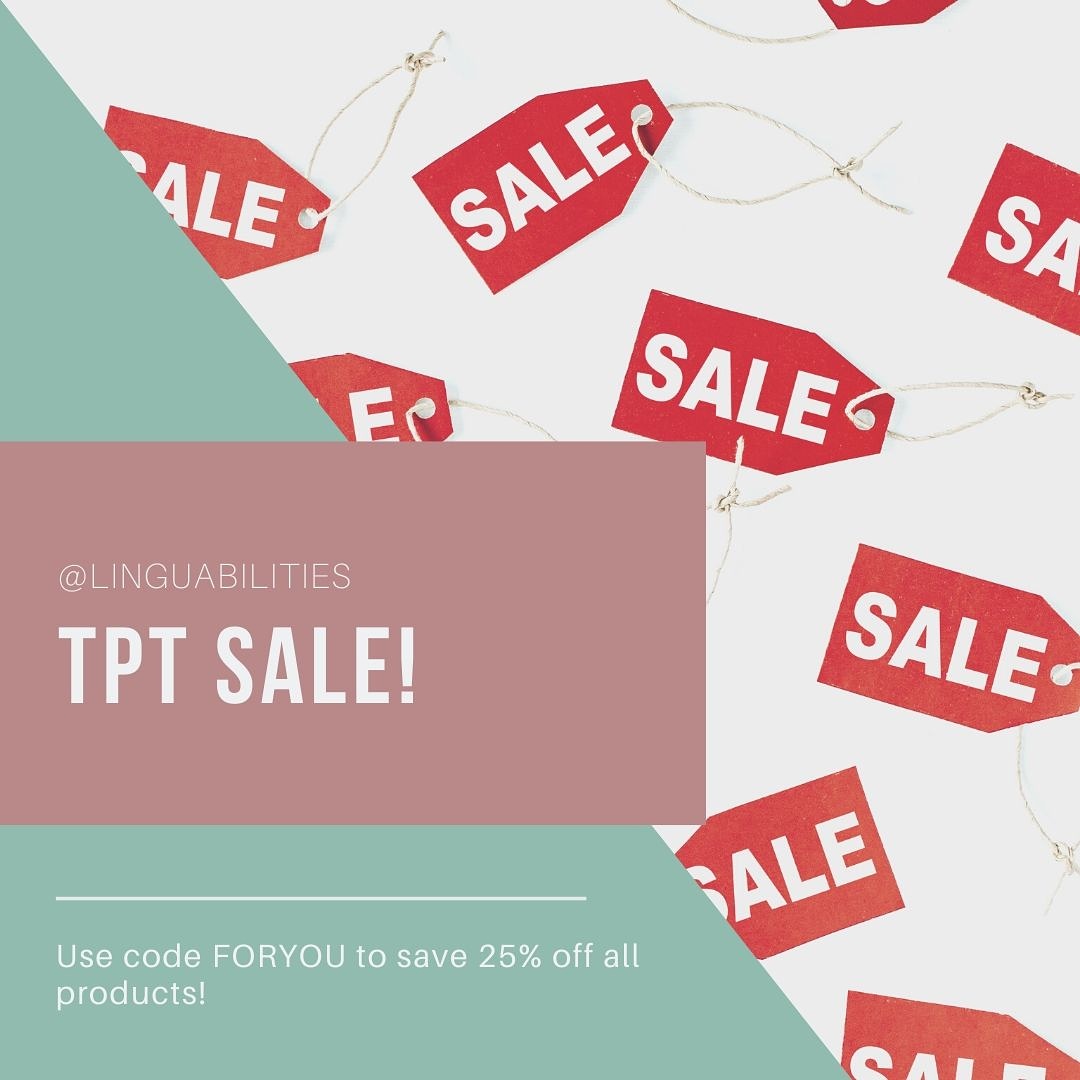 Linguabilities1's tweet photo. Check @TpTdotcom for new sale! Everything 25% off w code FORYOU even #privatepractice forms and @BoomLearning cards!

#teletherapist #teleslp #telepractice #privatepracticeslp #onlinespeechtherapy #onlinetherapy #slpsgodigital #virtualslp #teleslpeeps #tptsale #boomcards https://t.co/6zHItMdBdU