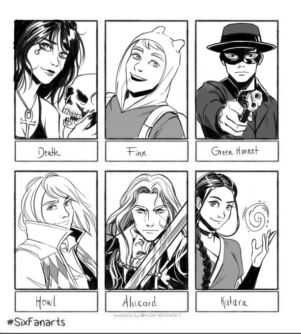 #sixfanarts So fun ?✨
#Deathsandman #finnaventuretime #greenhornet #howlsmovingcastle #alucard #katara 
