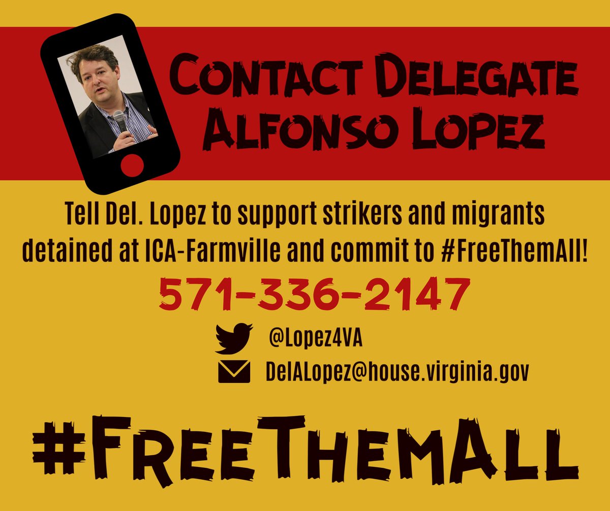 LaColectiVA703's tweet photo. 🚨UPDATED ACTION ALERT: Contact NEW #Virginia TARGETS to amplify the demand of people detained at #ICAFarmville🚨

The hunger strike ended after strikers faced retaliation from ICA officers. CALL &amp; TWEET #VA reps @Lopez4VA &amp; @GerryConnolly to #FreeThemAll: https://t.co/vKRNAoDt21 https://t.co/FKjtqo320T