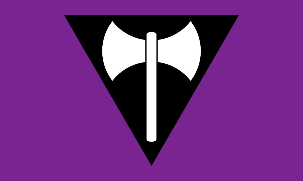 labrys (aka butch) flag- first lesbian flag- largely by/for butches- purple represents the butch/femme dynamic- black triangle represents wwii oppression- axe = labrys, symbol for lesbianism