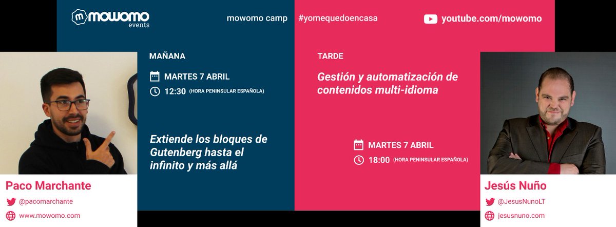 mowomoCom's tweet photo. 🗓Mañana en el #mowomocamp #yomequedoencasa
⏰12:30 "Extiende los bloques de Gutenberg hasta el infinito y más allá" con @pacomarchante
⏰18:00 "Gestión y automatización de contenidos multi-idioma" con @jesusnunolt
👉EN DIRECTO en https://t.co/L35HtQ8yxt
#WordPress #multidiomas https://t.co/MXgI0O27n0
