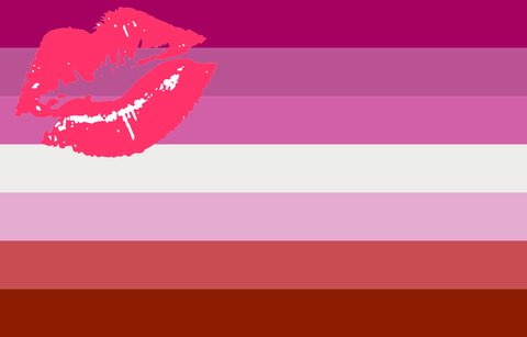 lesbian flag v1.2- ok THIS one was made by a terf- she literally took the flag and put a lip on it for lipstick/femme lesbians- no one uses this flag because. its weird idk