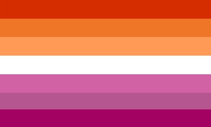 lesbian flag v2- uses the same format as v1- top-bottom it means: gnc lesbians, independence, community, unique sense of womanhood, serenity/peace, love/sex, femininity- not the most popular bc lack of inclusion for transbians + ace lesbians