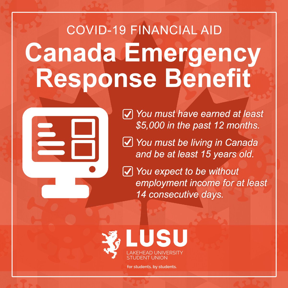 lusu_tbay's tweet image. Canada Emergency Response Benefit (CERB) applications open today!

If you are struggling financially because of COVID-19 you may be eligible for temporary income support.

For more information visit: canada.ca/en/services/be…

#cerb #lusu #local32