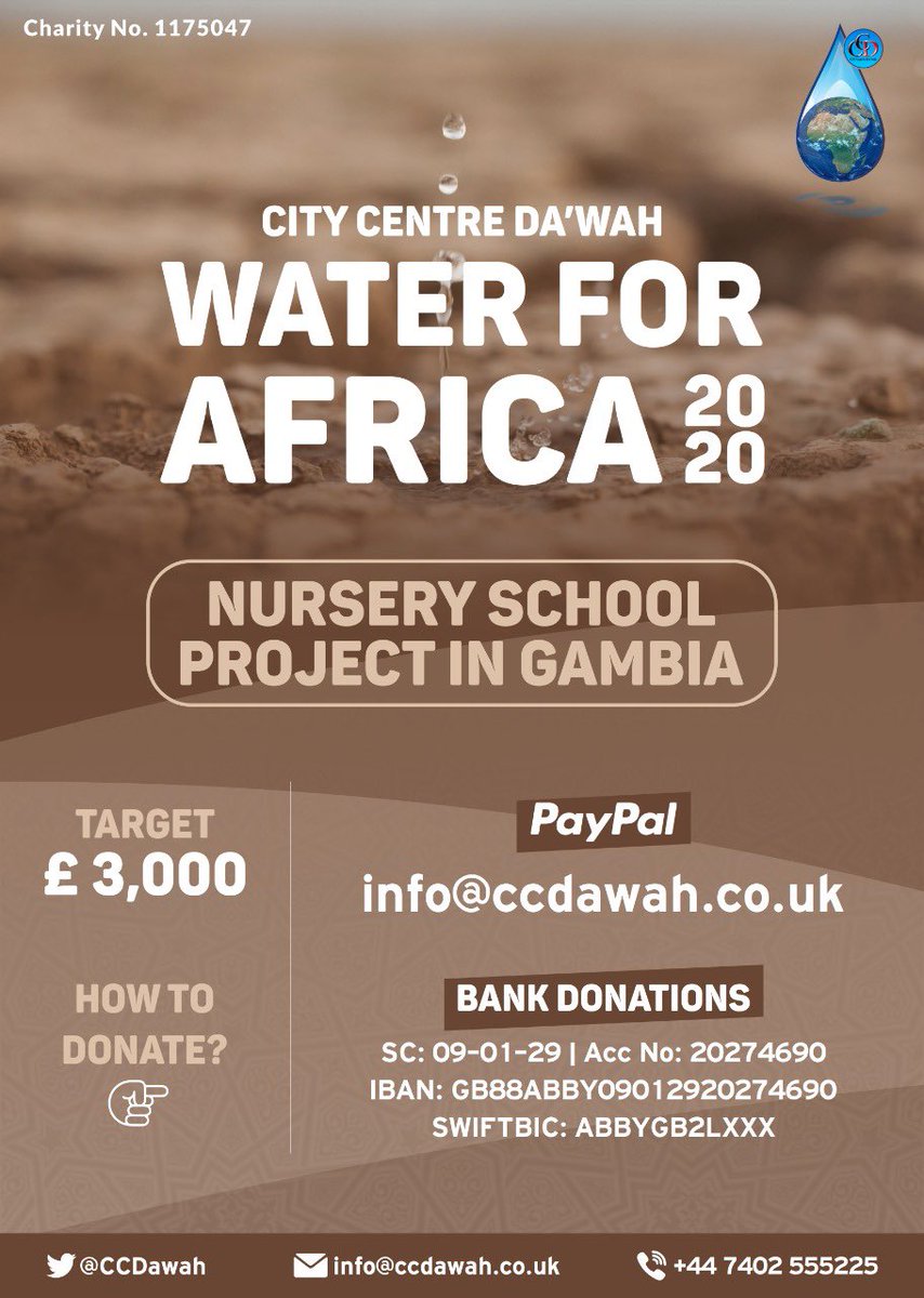 #WaterForAfrica 💦
As we cannot travel at the moment we are only working with those established contacts that we have previously worked with &amp; trust
So our next project, to be completed during Ramadān is for a nursery school in Gambia that desperately require fresh drinking water