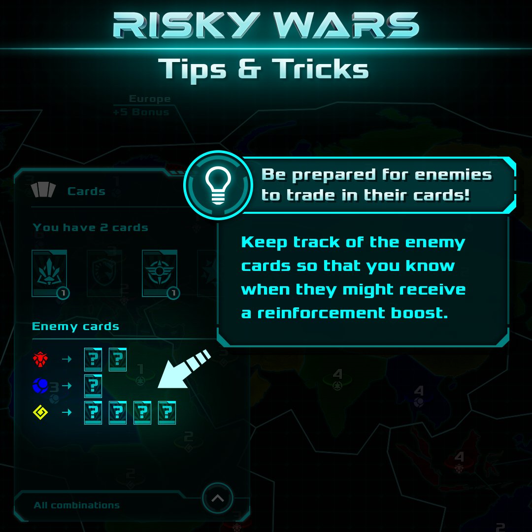 riskywars's tweet photo. < 💡 > Tips &amp; Tricks for Risk!

Be prepared for enemies to trade in their cards!

Details:

https://t.co/G0r0z3DFnf

https://t.co/vOiWJEQVHS

#riskywars #vertexarts #riskgametip #riskgametips #brettspiel #brettspiele #strategygames #turnbased #turnbasedstrategy #riskgame https://t.co/Yf3xwlMbqP