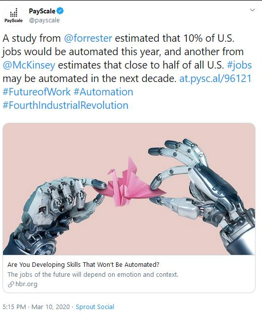 Benioff, Davos, 2019: "... there's a risk, that this fourth industrial revolution will worsen our economic, our racial, our gender, & even our environmental inequalities..." This is not a risk. Rather, it is a known: Close to 50% of all U.S. jobs may be  #automated this decade.