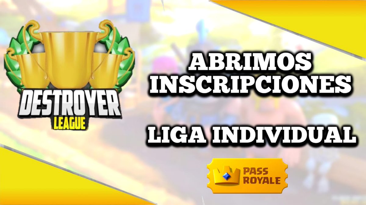 Destroyer League Individual #2

Bracket Rapido
Premio: Pase Royale 

Cupos ilimitados

Requisitos:
-Seguirnos
-Dar RT
-Unirse al discord 
discord.gg/qPq8Waj
Mencionar 2 amigos

Inscripciones hasta ⏰ 21:00🇲🇽
Inicio de la competencia : 21:30