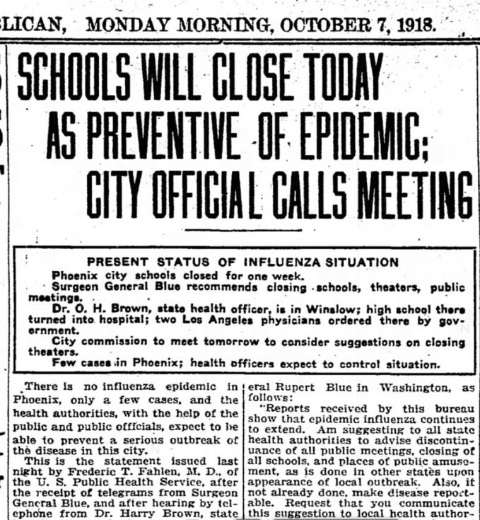 THREAD: In 1918, Arizona schools closed to try to stop the spread of a flu epidemic. Here's what the news looked like then....At first, schools were closed at least a week. Oct. 7, 1918