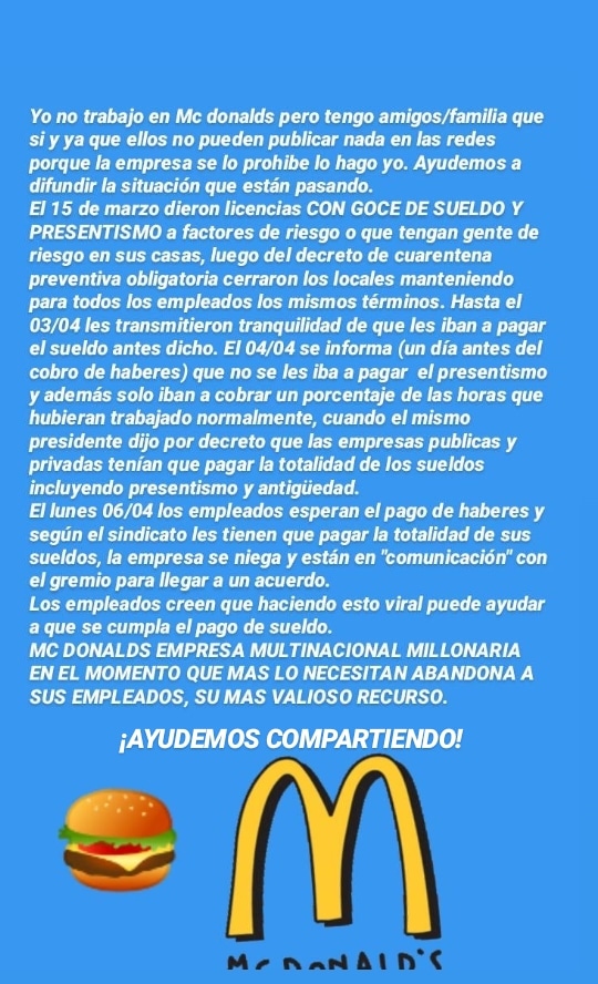 McTrabajadorxs's tweet photo. Convocamos a todos y todas, trabajadorxs, familiares, amigxs y todxs los que quieran apoyarnos en esta causa
A las 18 hs. haremos un tuitazo para que nos escuchen, con el hashtag #McEstafa y arrobando a @McDonalds_Ar que se den cuenta que ya no nos callamos más https://t.co/mscZ95L8gU