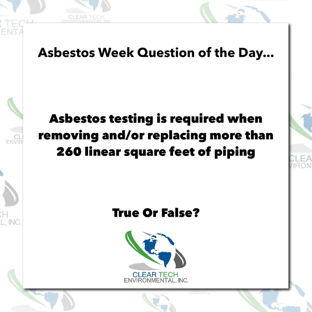 ClearTechEnv's tweet image. 7 days of asbestos trivia questions for a chance to win $100 Visa gift card. You’ll earn 1 entry into our drawing for every right answer and quadruple your chances by playing on LinkedIn, Facebook, Twitter and Instagram. Share this post on your timeline for extra credit.