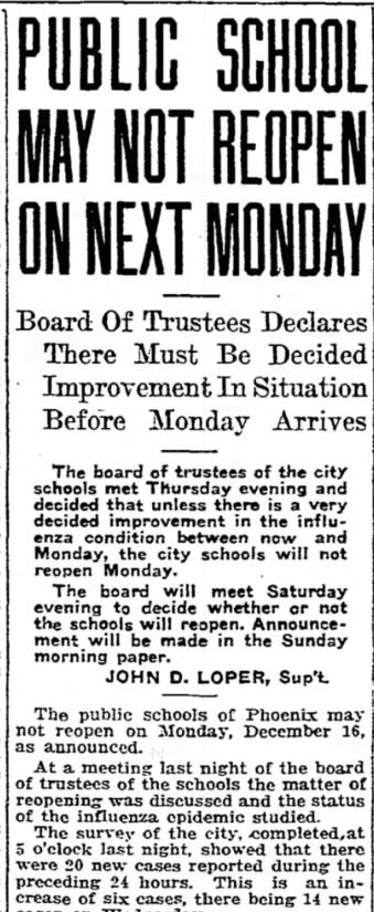 New cases kept schools closed through mid-December. Dec. 13, 1918: