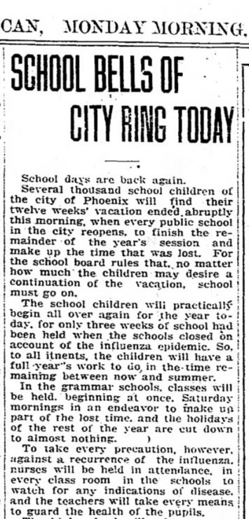 Finally, on Dec. 30, 1918, "School bells of city ring today." But, "The school children will practically begin over again for the year."