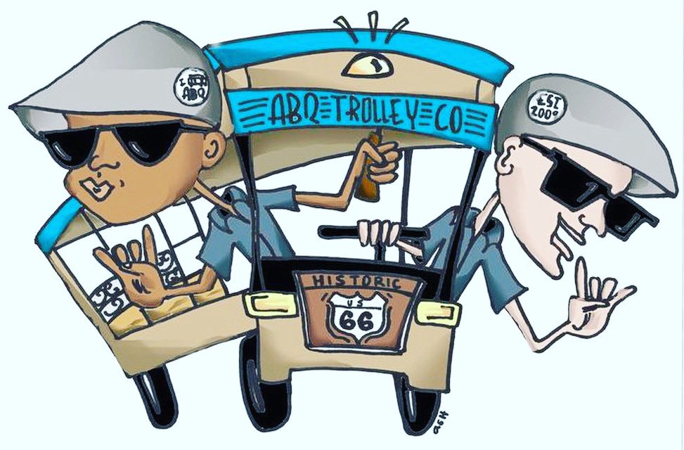 TourABQ's tweet photo. In the early years of the company, a member of our ABQ Trolley Co. Street Team, drew this fun caricature of the Trolley Guys. On this beautiful day, in our resilient &amp; caring city &amp; with the powerful no Burquenos left behind spirit of our city and its people..... https://t.co/3yGHPDRvHZ