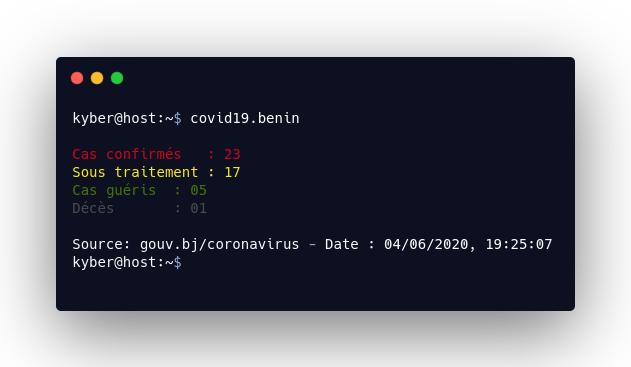 LickosA's tweet photo. Un simple script #Python pour voir les statistiques du #Bénin sur le #Coronavirus depuis une ligne de commande

cc @PythonBenin 

https://t.co/4gPLyuSrCK https://t.co/FMDQ6Tedqj