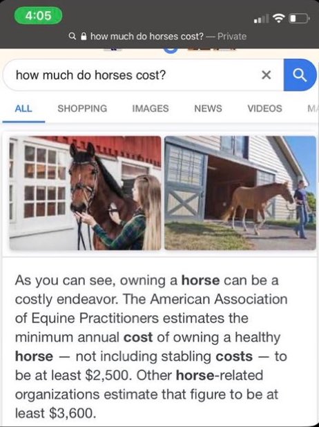 also, side note. Since she is living “normally” in La, the horses tend to be more expensive. We are looking at up to 25k+