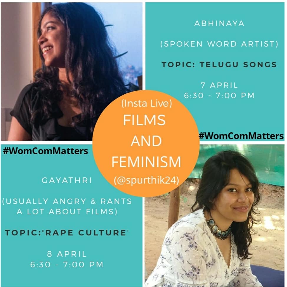 SpurthiKolipaka's tweet photo. #WomComMatters
#FilmsAndFeminism
6th to 10th, April
Every evening, 30 minutes!
7-April: @abhinayaiyer_ on #TeluguSongs
8-April: Gayatri on #RapeCulture
9-April: Swathi on #BodyImages
10-April: @twosoulfuls on #FemaleDialogues
So bloody excited. See ya tomorrow at 6:30 PM https://t.co/iru77dowYo