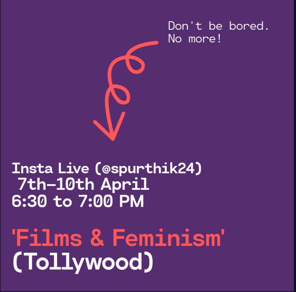 SpurthiKolipaka's tweet photo. #WomComMatters
#FilmsAndFeminism
6th to 10th, April
Every evening, 30 minutes!
7-April: @abhinayaiyer_ on #TeluguSongs
8-April: Gayatri on #RapeCulture
9-April: Swathi on #BodyImages
10-April: @twosoulfuls on #FemaleDialogues
So bloody excited. See ya tomorrow at 6:30 PM https://t.co/iru77dowYo