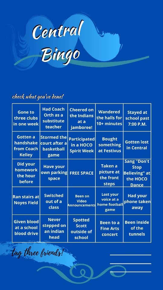 Hey guys! Here’s a fun little CHS bingo made by Student Gov! Check the boxes that apply to you and repost!

Tag three friends to play along! Staff and alumni join in on the fun!!

<a href="/CHS_Indians/">St. Joe Central HS</a> @CHSVoice <a href="/CHSIndianCheer/">CHSCheer</a>