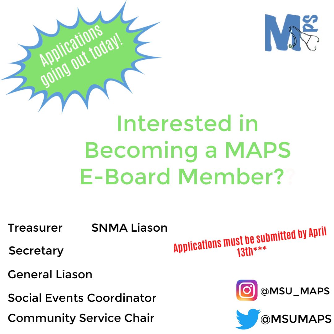 MSUMAPS's tweet photo. MAPS is excited to announce that E-Board applications for the ‘20-‘21 school year are going out today! Be on the look out for an email with the application, and make sure to submit your completed app by April 13th! https://t.co/yhCOA7B7mh