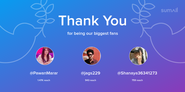 SubhadraJoshi2's tweet photo. Our biggest fans this week: PawanMarar, jags229, Shanaya36341273. Thank you! via https://t.co/uDVYxbhi3M https://t.co/LMQKlX00MC