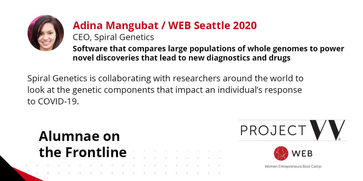 dwtProjectW's tweet photo. We're highlighting some of the incredible work our Women Entrepreneurs Boot Camp (WEB) alumnae are doing amid the ongoing COVID-19 pandemic, like @SpiralGenetics CEO & WEB Seattle 2020 alum Adina Mangubat
#dwtWEB #dwtProjectW #femalefounders https://t.co/mnfknLoDKD