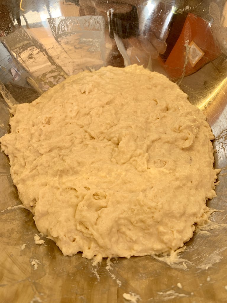 Sieve the flour & salt into a big bowl. When the yeast mixture is frothy, pour into the flour & stir well to mix it. This will be a very wet dough. Don’t worry - it is meant to be. Cover the bowl with cling film & allow to proof for 1 hour- it will double in size in that time