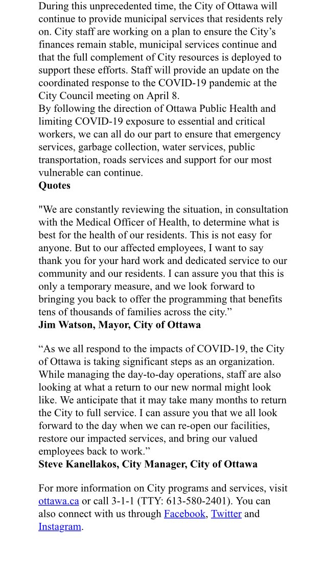 In the midst of this fight against COVID-19, the City of Ottawa - like all municipalities across the country - is having to make difficult decisions in order to live within our means over the coming months. 
Please see the measures being taken below: