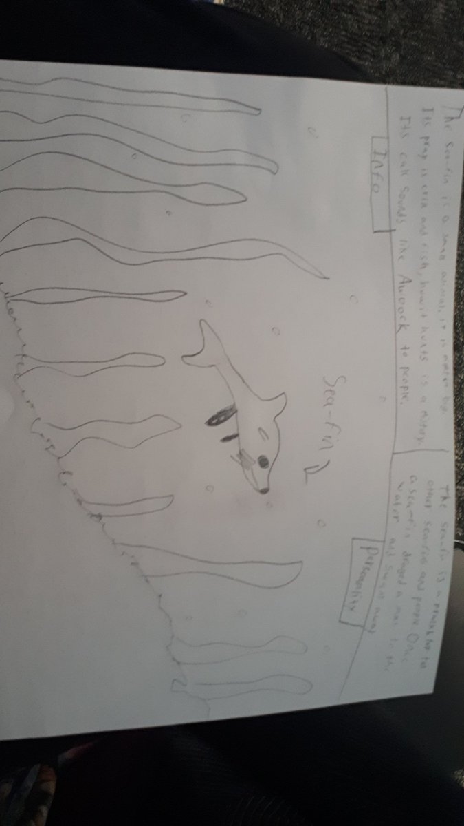 meiklemom's tweet photo. This is the Sea-Fin (cross between a sea lion and a dolphin.)
Drawn by Samantha M. Grade 5 Savory Elementary #racerockslive https://t.co/IQK50OO89A