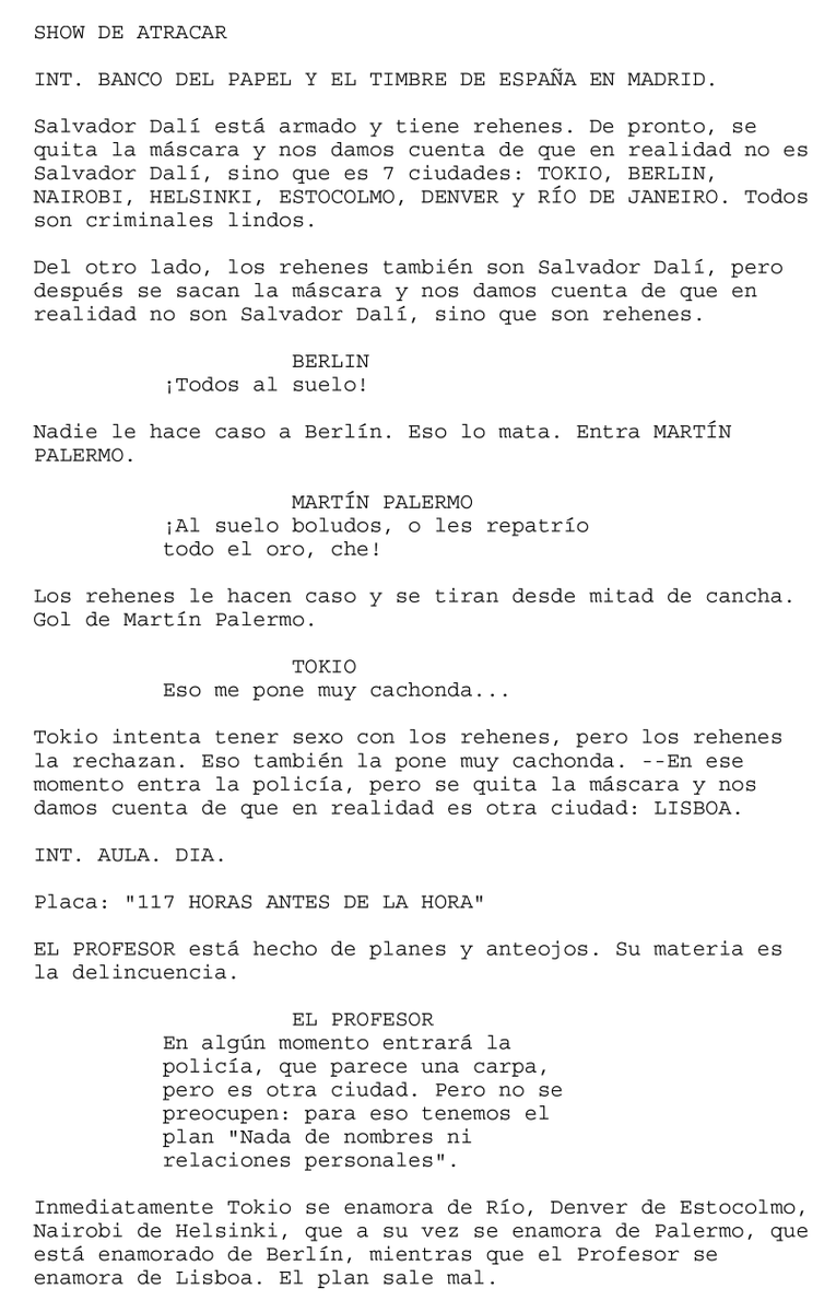 NavajaCrimen's tweet photo. Forcé a un bot a ver más de 1000 horas de La Casa de Papel y después hice que escriba un guión. Esta es la primera página. https://t.co/WUP5X06f8b