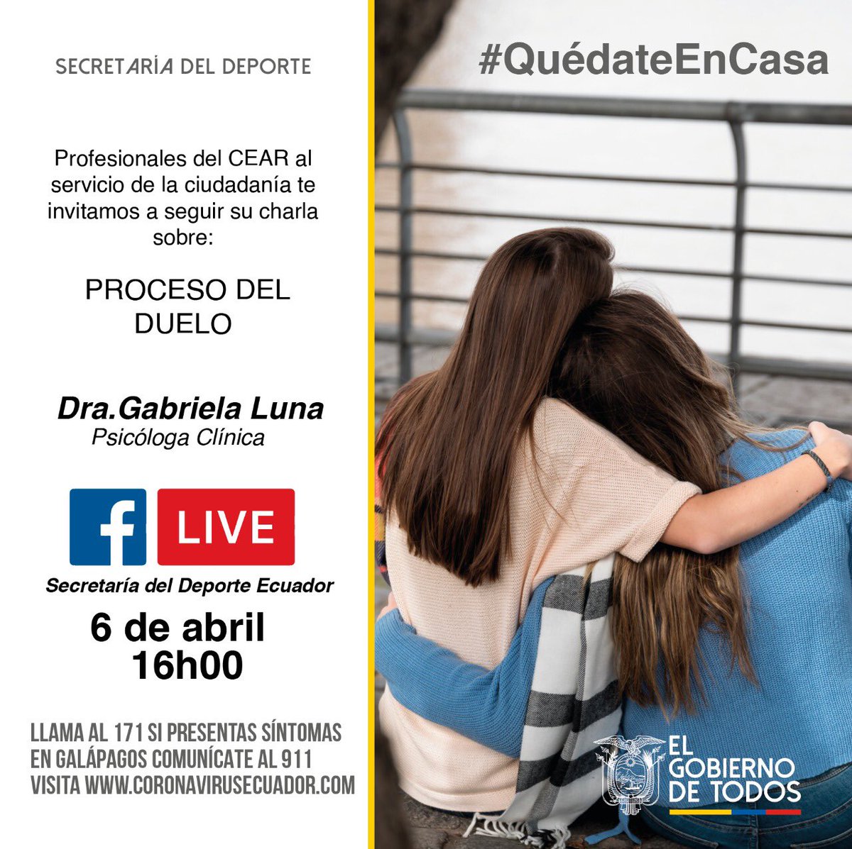El coronavirus y el confinamiento impide que hoy cientos de familias puedan despedirse de sus seres queridos que fallecen por causa de este mal.
El duelo se presenta, en estos momentos, como un experiencia + difícil de lo normal.
Hoy entregaremos varios consejos.
<a href="/CEAR_EP/">CEAR EP</a>  LIVE🔴