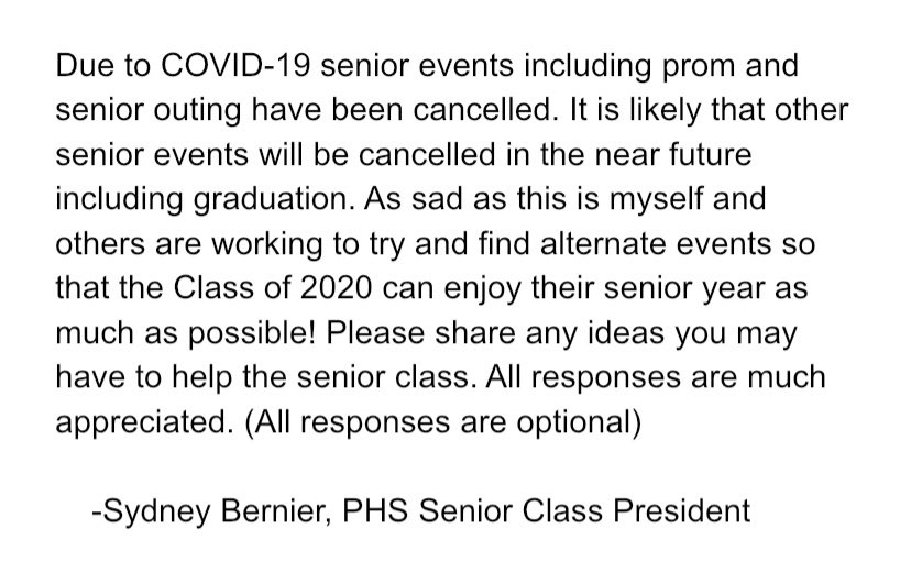I have created a google form open to anyone to share ideas to help the Class of 2020. Please share any ideas you may have using this link:
docs.google.com/forms/d/e/1FAI…