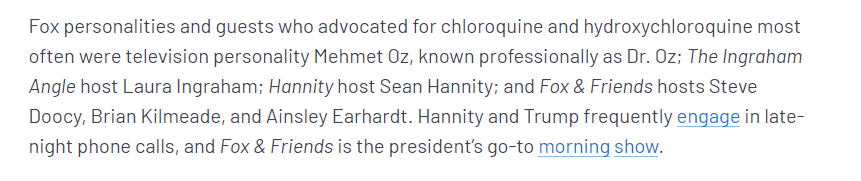 Reminder: Fox hosts have been some of the biggest promoters of this drug https://www.mediamatters.org/fox-news/over-three-days-week-fox-news-promoted-antimalarial-drug-treatment-coronavirus-over-100