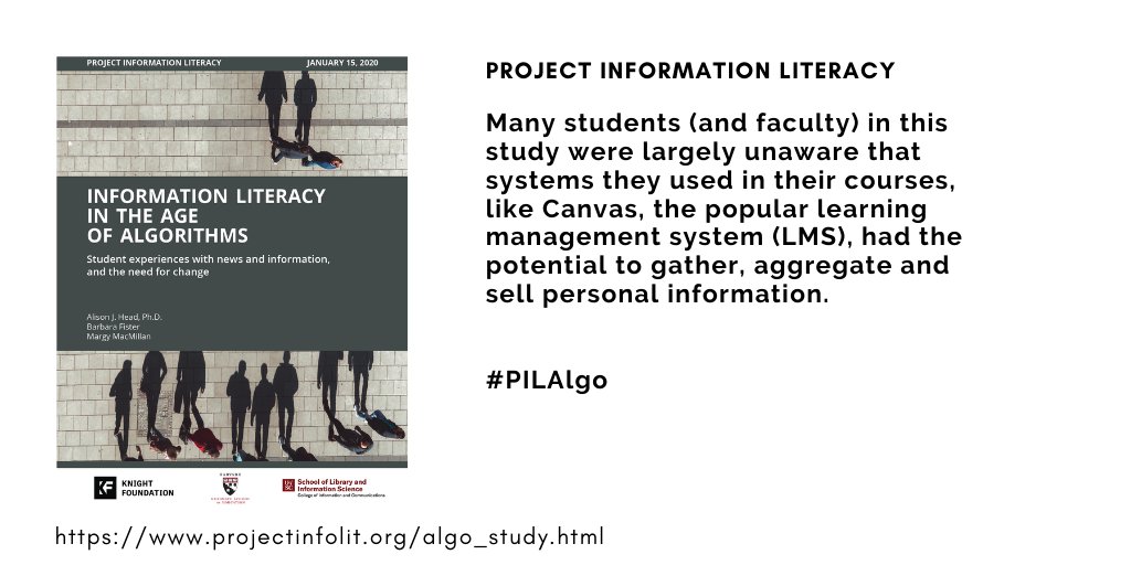 ProjectInfoLit's tweet photo. From the “Info literacy in the age of algorithms” study:
“It was surprising to discover how rarely current information systems, and the social and economic conditions that shape and influence their design, were discussed in the classroom.”
https://t.co/gkgiJdl8cE
#PILAlgo https://t.co/p9NgS8SNZJ