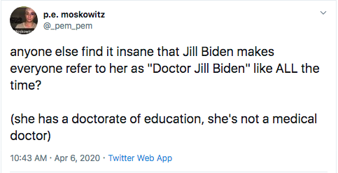 Folks have something new to be mad about. Dr. Jill Biden uses the prefix "Dr." This attack on Dr. Biden, is a lovely mix of down home anti-intellectualism and female status shaming. So, let's just consider why Dr. Biden would use her prefix, shall we? /1