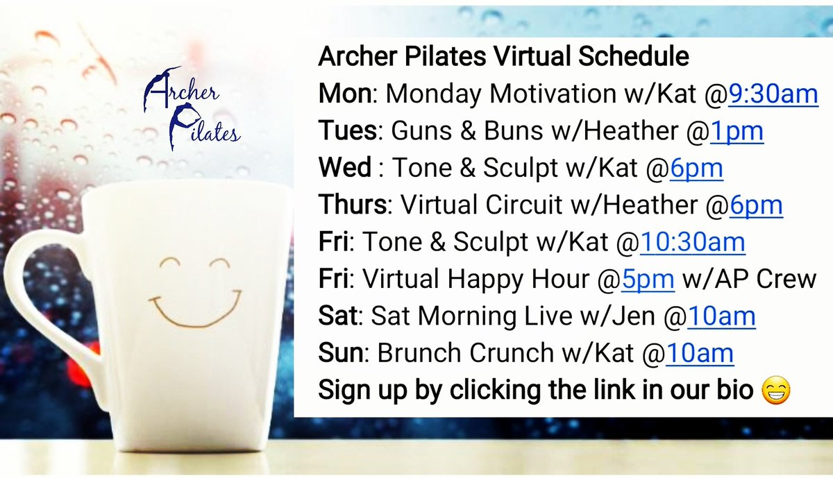 ArcherPilates's tweet photo. Does this rainy day weather have your muscles begging for movement?? We've got the perfect at home Pilates workout schedule for you. Join us on Zoom and move those muscles. Your body will thank you!! 💪😁 #archerpilates #pilates #rainydaypilates #zoompilates #zoomlife https://t.co/P744wQDSe8