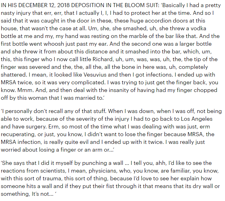 Johnny's recollection about the Australia incident during a 2018 deposition in his legal case against his former law firm. This is concurrent with his version of events, corroborates his claim that he lied to people about how he received his injury.