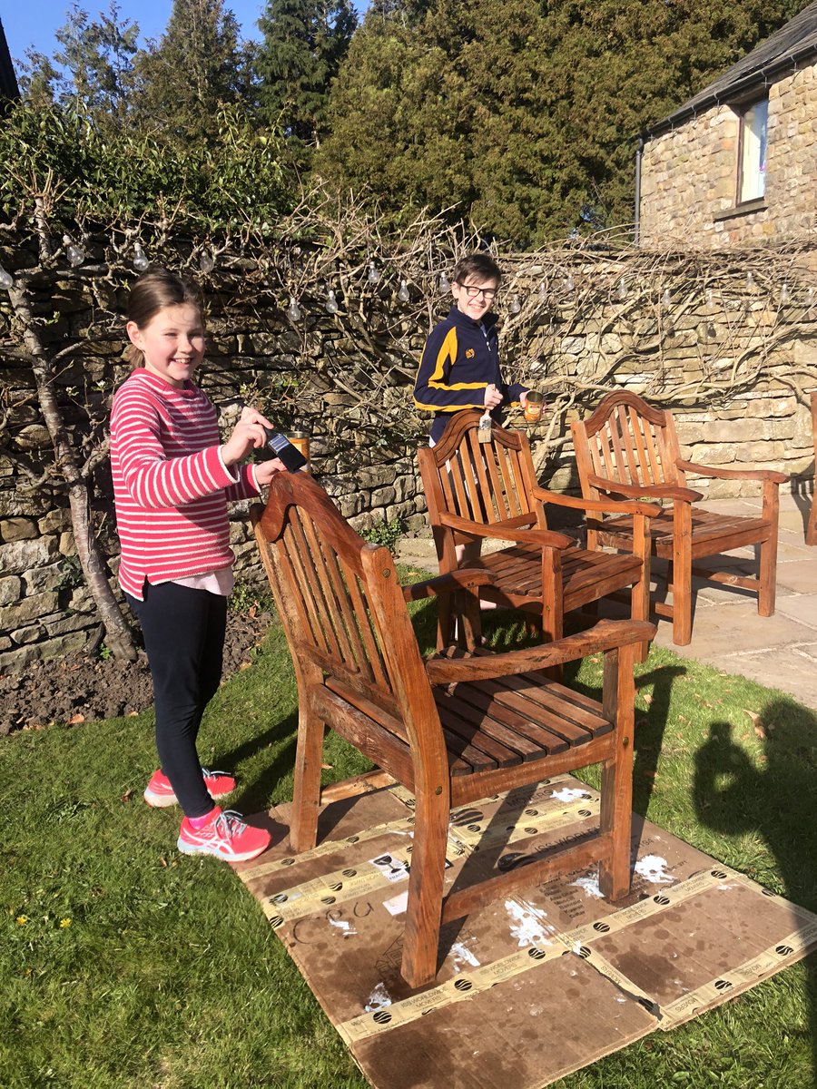 suzi1302's tweet photo. Harry &amp; Ava helping oil garden furniture. Ava making mum a well deserved cup of tea 😊@sedbergh_prep #wenningcsps  #sedberghathome #hart_sedbergh https://t.co/H6FXMWDo2W