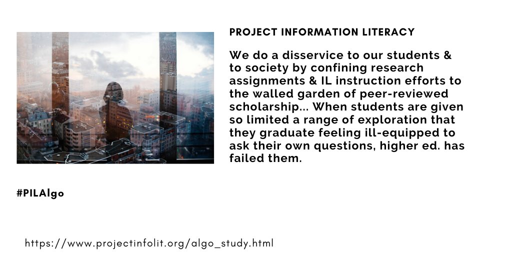 ProjectInfoLit's tweet photo. 10 yrs of @projectinfolit research show that “Students learn strategies for evaluating academic info. to satisfy assignment requirements, but these may not transfer effectively to personal information seeking.”
#PILAlgo
https://t.co/gkgiJd3xl6 https://t.co/OgUpxojURb