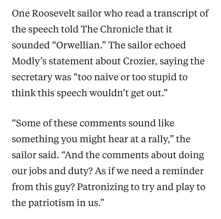Big update to story: Spoke to U.S.S. Roosevelt sailor who called Modly’s remarks to crew “Orwellian”Much more in new version of article: https://www.sfchronicle.com/bayarea/article/Navy-chief-blasts-air-carrier-captain-as-too-15181872.php  @sfchronicle  @joegarofoli  @TalKopan