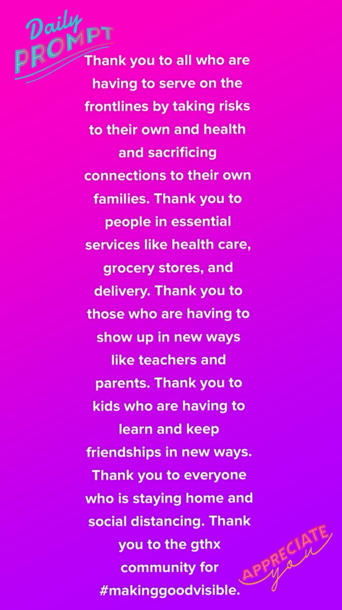 Obrownson's tweet photo. @gthxapp Giving thanks for all from the frontlines to staying at home! #makegoodvisible https://t.co/a3f2Wbqm2X