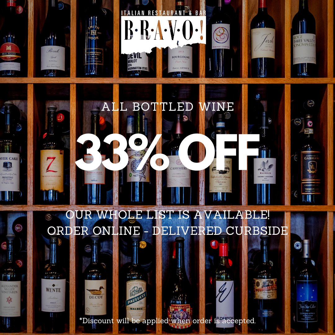 BravoBuzz's tweet photo. We're staging a COME BACK! And you're invited from a #safesocialdistance... because all of our service is now CURBSIDE! From 4:30-8 PM Tuesday-Sunday, BRAVO! will be offering a Limited To-Go Menu along with *NEW* 4 for $40 Family Packs and our Annual Wine Sale! https://t.co/iBm8yVl0Gm