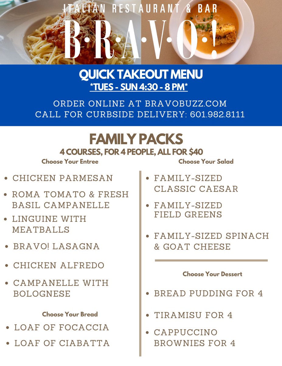 BravoBuzz's tweet photo. We're staging a COME BACK! And you're invited from a #safesocialdistance... because all of our service is now CURBSIDE! From 4:30-8 PM Tuesday-Sunday, BRAVO! will be offering a Limited To-Go Menu along with *NEW* 4 for $40 Family Packs and our Annual Wine Sale! https://t.co/iBm8yVl0Gm