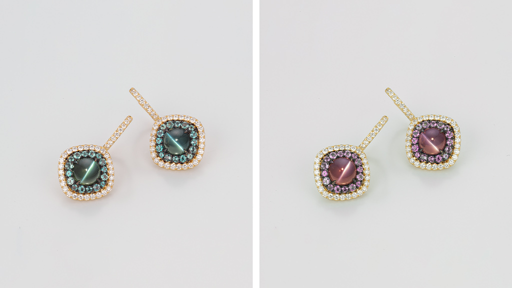 GIAnews's tweet photo. Alexandrite is famed for its dramatic color change. This matched pair of #cat’s-eye #alexandrites from Brazil exhibits double #phenomena (color change and #chatoyancy). They weigh a total of 2.43 carats. https://t.co/77le6uEgnD Photos: Robert Weldon/GIA. Courtesy: Omi Privé https://t.co/d0F9K5hZv3