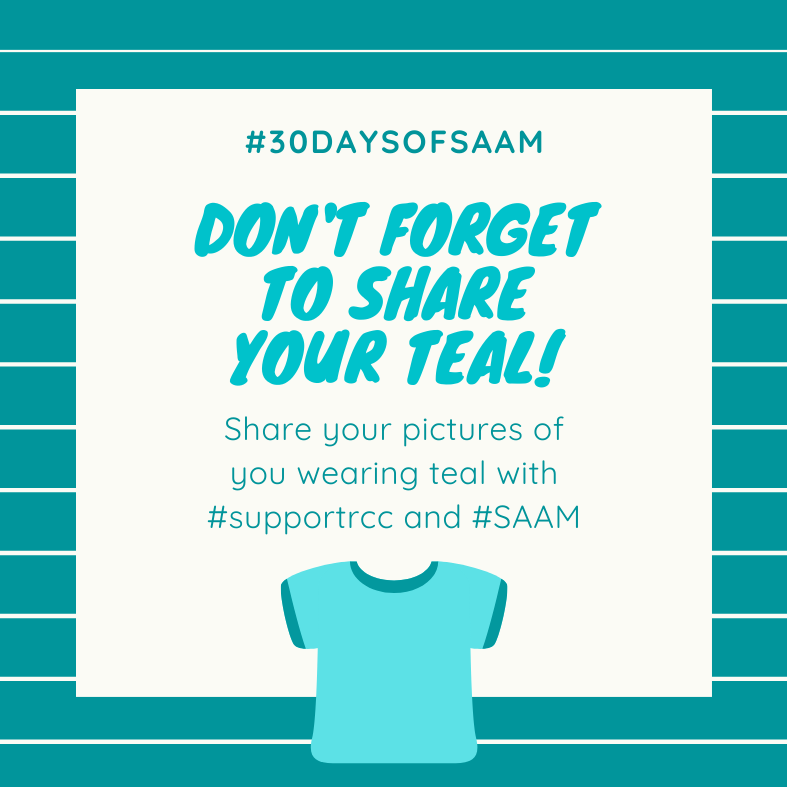 SupportRCC's tweet photo. Tomorrow is SAAM Day of Action โ Wear the color teal to show your support of survivors and raising awareness of sexual assault. #30DaysofSAAM #supportrcc https://t.co/MG4VD5AEkQ