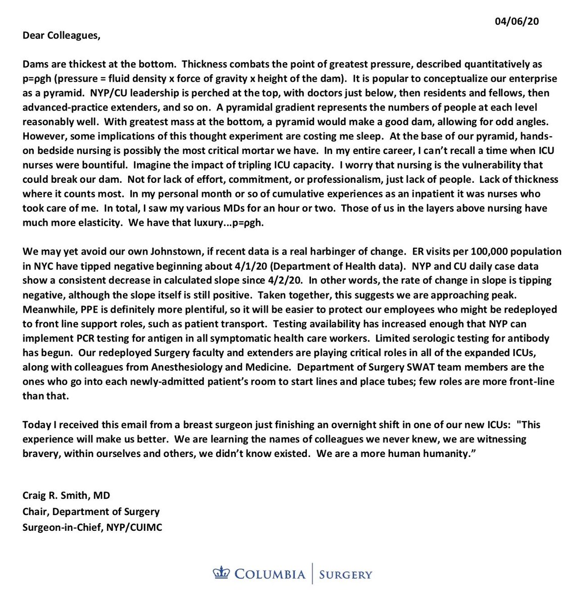 COVID-19 Update: Monday, 4/6/20Here’s the latest missive from Dr. Craig Smith on  #COVID19:  https://columbiasurgery.org/news/covid-19-update-dr-smith-4620