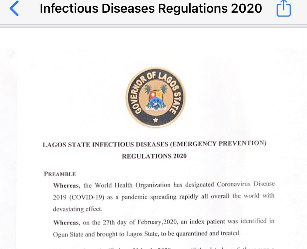 People have asked me for the content of the The Lagos State Infectious Diseases (Emergency Prevention) Regulations which was signed into law by Governor  @jidesanwoolu of Lagos State on the 27th March, 2020 which was used today. Will Update this thread .... STAY TUNED.